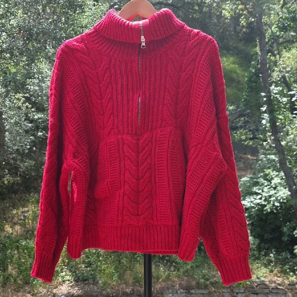 NWT FOR LOVE AND LEMONS ANDIE ZIP FRONT RED CABLE KNIT SWEATER SIZE M